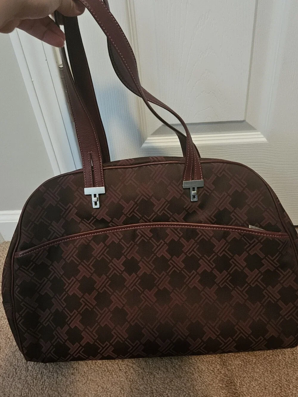 Tumi Signature Monogram laptop tablet tote bag maroon pink lining
